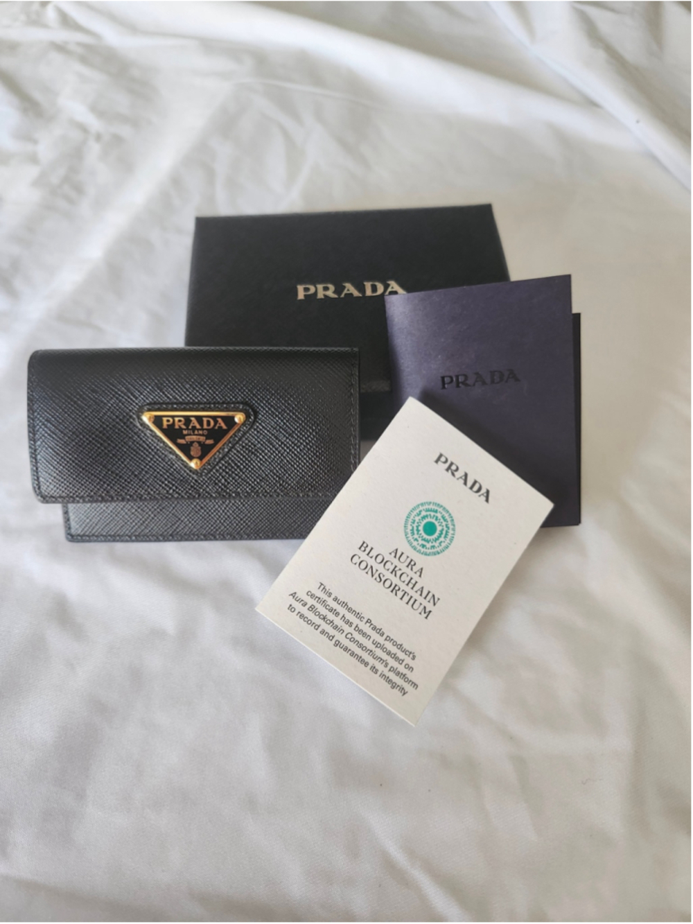 Women's Prada Saffiano Leather Card Holder One Size, Black and Gold